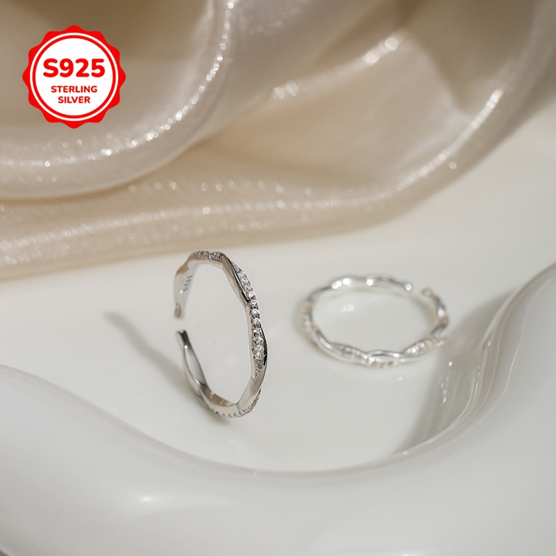 Sterling Silver Twist Ring with CZ Open Band Adjustable Couple's Ring